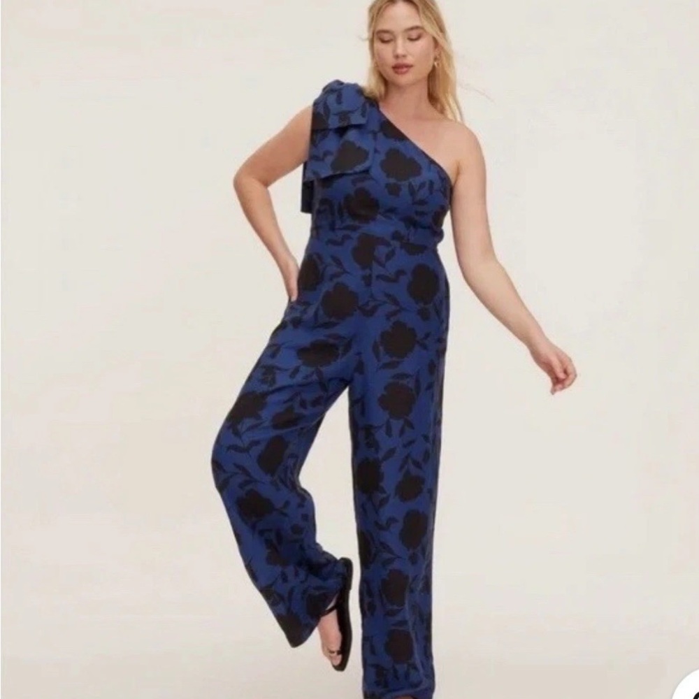 🆕Kate Spade One-Shoulder w/Bow Blue/ Black Floral Jumpsuit Reaortwear/Brunch 12